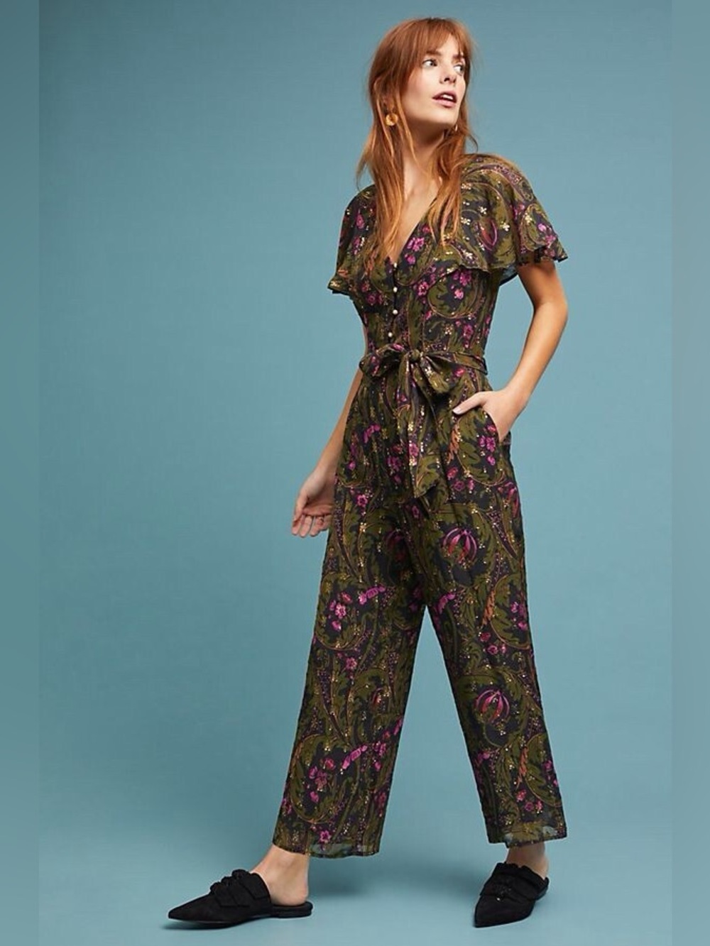 Anthropologie ett:twa Brenda Olive Green Floral metallic gold Tie-Front Jumpsuit